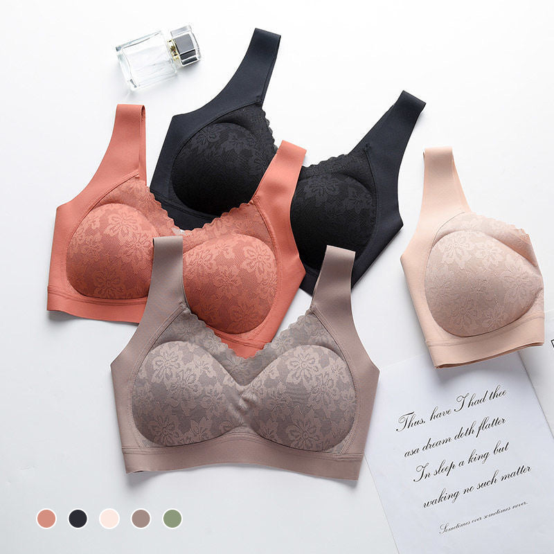 "Sömlös latex dam bh, formande, utan bygel, i beige; ger komfort och stöd, med antibakteriell design."