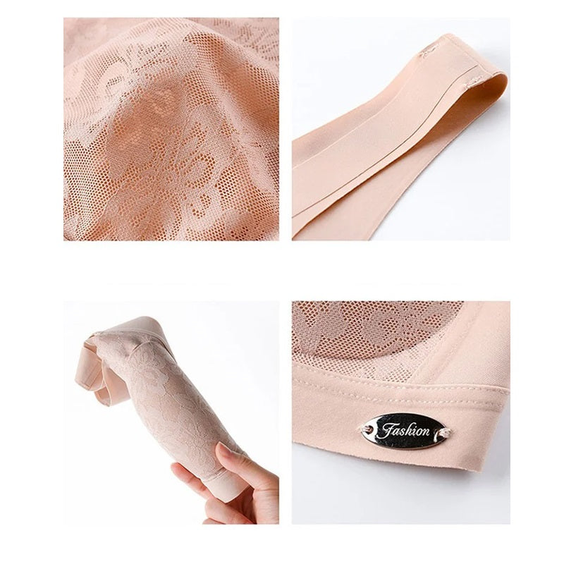 "Sömlös latex dam bh, formande, utan bygel, i beige; ger komfort och stöd, med antibakteriell design."