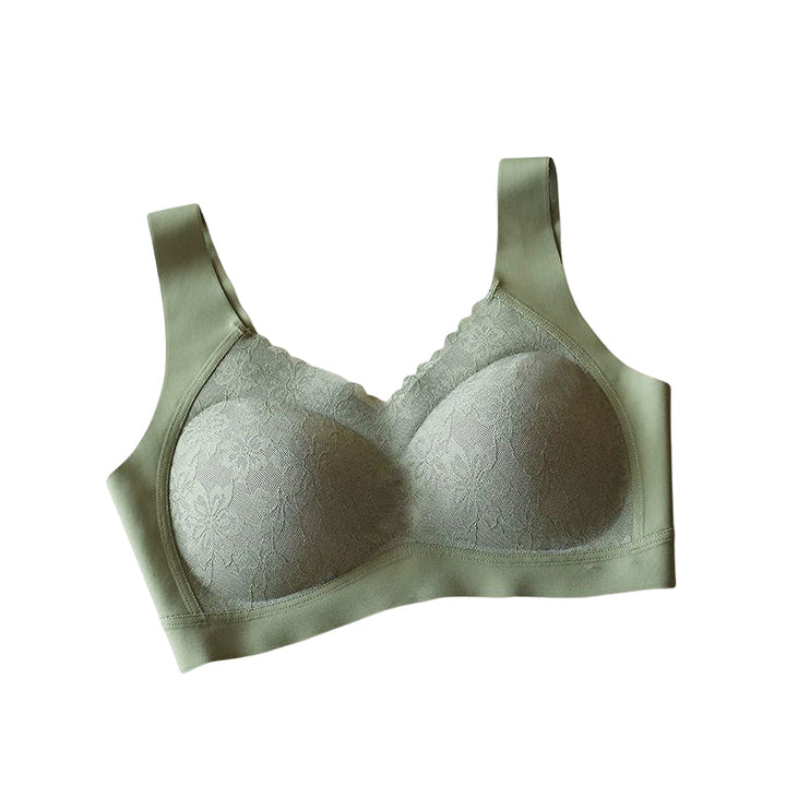 "Sömlös latex dam bh, formande, utan bygel, i beige; ger komfort och stöd, med antibakteriell design."