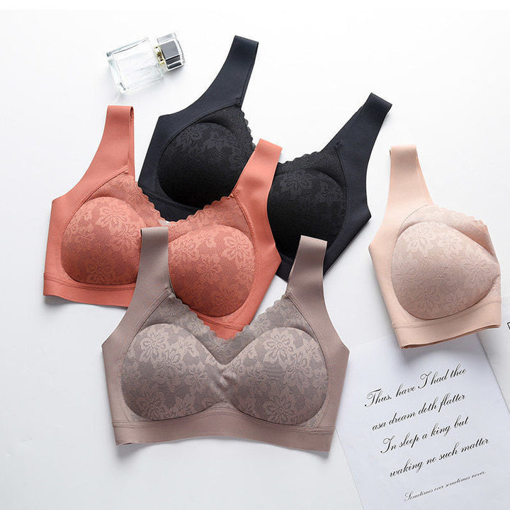 "Sömlös latex dam bh, formande, utan bygel, i beige; ger komfort och stöd, med antibakteriell design."