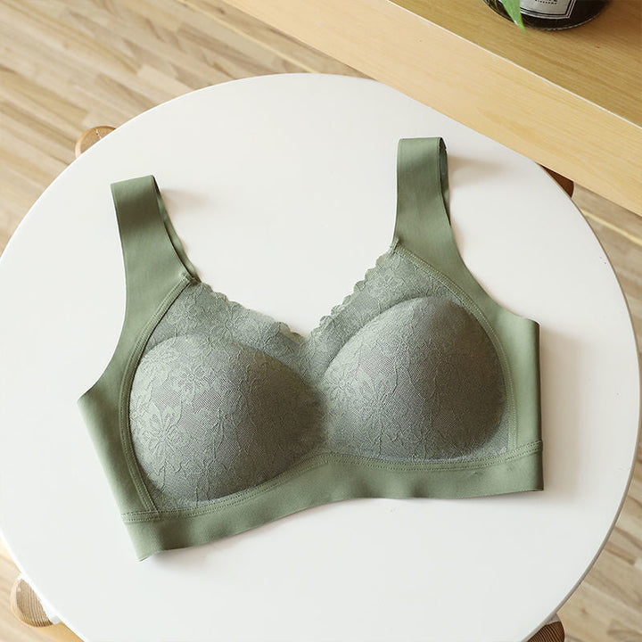 "Sömlös latex dam bh, formande, utan bygel, i beige; ger komfort och stöd, med antibakteriell design."