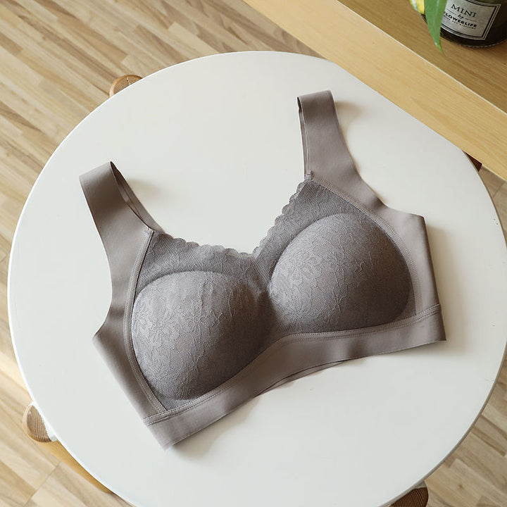 "Sömlös latex dam bh, formande, utan bygel, i beige; ger komfort och stöd, med antibakteriell design."