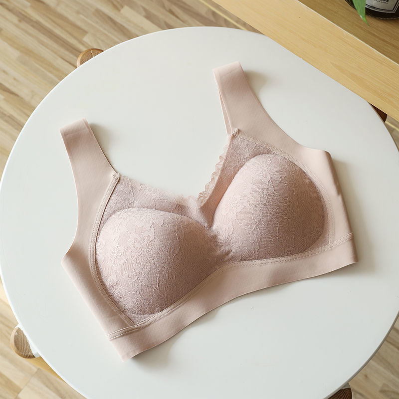 "Sömlös latex dam bh, formande, utan bygel, i beige; ger komfort och stöd, med antibakteriell design."