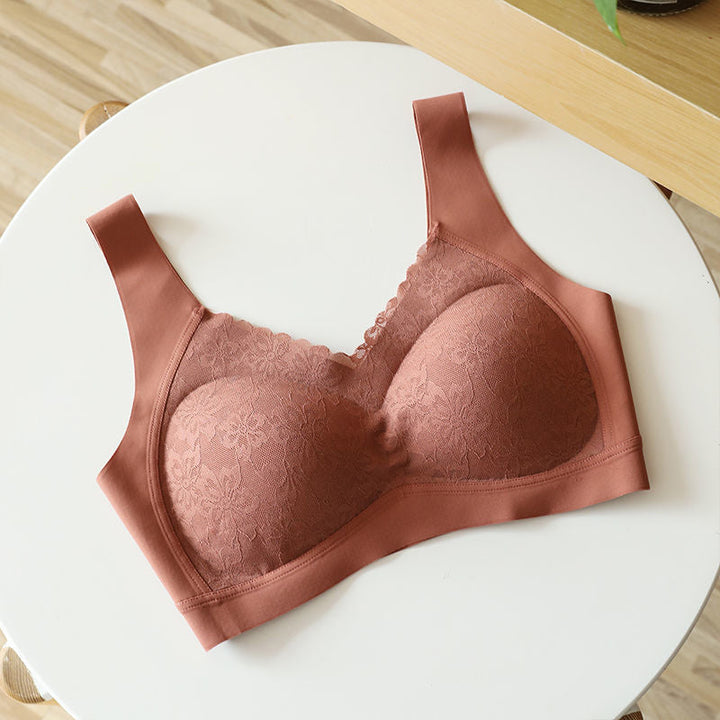 "Sömlös latex dam bh, formande, utan bygel, i beige; ger komfort och stöd, med antibakteriell design."