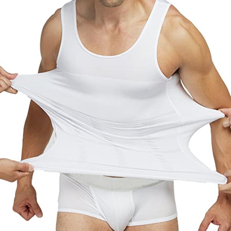 "Sömlös nylon sommarväst för män, kroppskonturering, u-formad krage, svart eller vit, perfekt för stil och komfort."