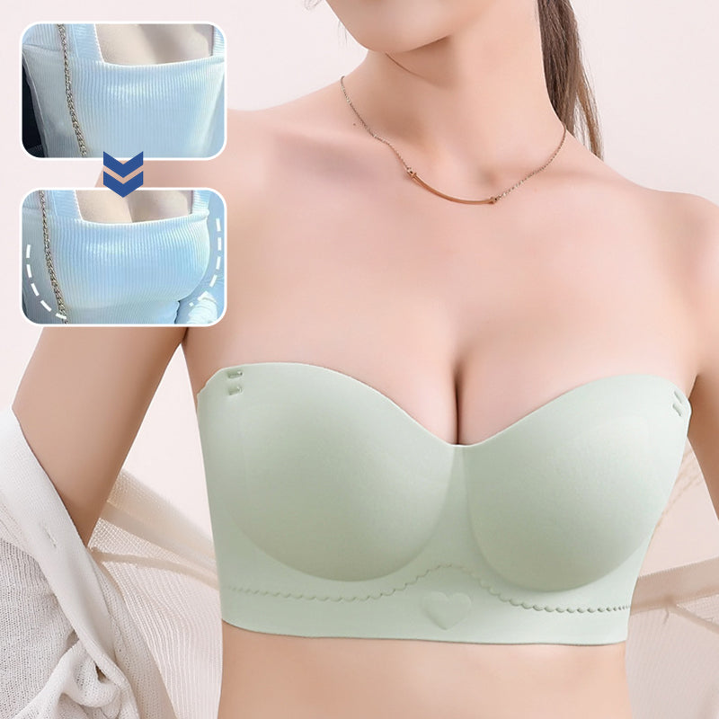 "Sömlös push-up BH för kvinnor utan bygel, beige, erbjuder komfort och stil med förstärkande klyvning och osynligt stöd."