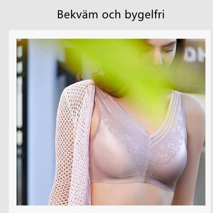 "Sömlös push-up BH i bambumaterial, beige, V-ringning, breda axelband, stödjande och bekväm för dagligt bruk."