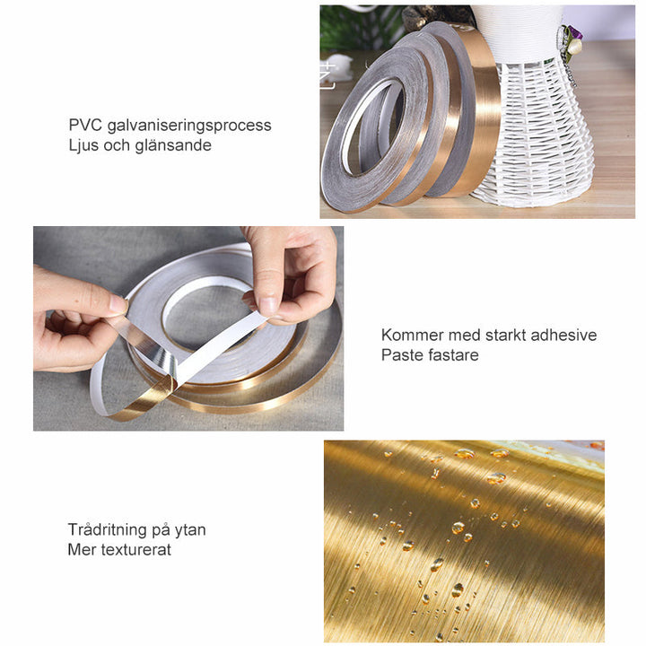 "Sömlös PVC kakelband i guld, silver och svart för lyxig och modern heminredning."