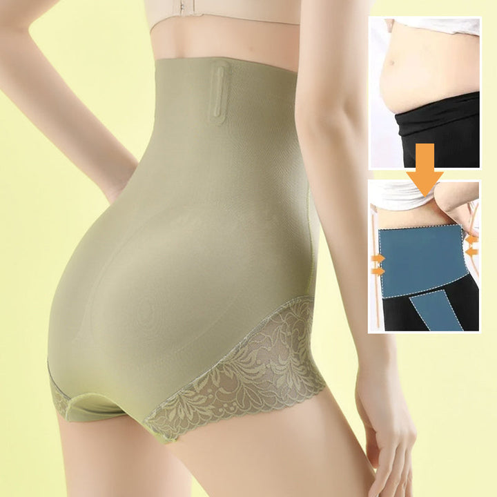 "Sömlösa höftlyftande damshapewear, hög midja, meshpaneler, beige färg, stilren design, för smickrande silhuett."