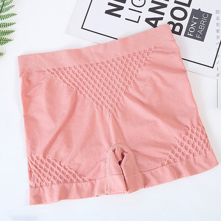 "Sömlösa kvinna boxers i rosa spandex med magstöd, hög midja, bekväm passform för underkläder eller shapewear."
