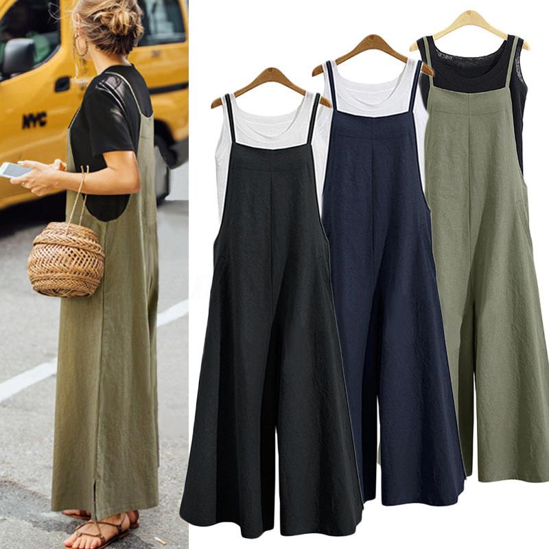 "Sommar Dam Loose Tank Jumpsuit med Vida Ben, grön färg, luftigt material, rund hals, perfekt för avslappnade tillfällen"