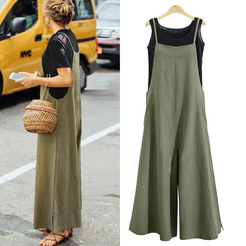 "Sommar Dam Loose Tank Jumpsuit med Vida Ben, grön färg, luftigt material, rund hals, perfekt för avslappnade tillfällen"