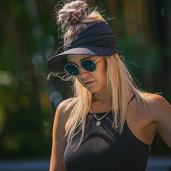 Sommarhattskydd för kvinnor med UV-skydd i elastiskt polyester, svart och vit, skyddar mot solens strålar och värme.