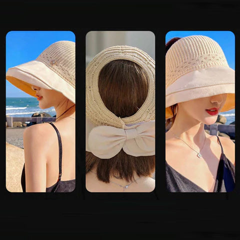 "Sommarmodesolhatt med bredt brätte, gul, UV-skydd, damaccessoarer, elegant, skyddar ansikte mot solen, bärbar design."