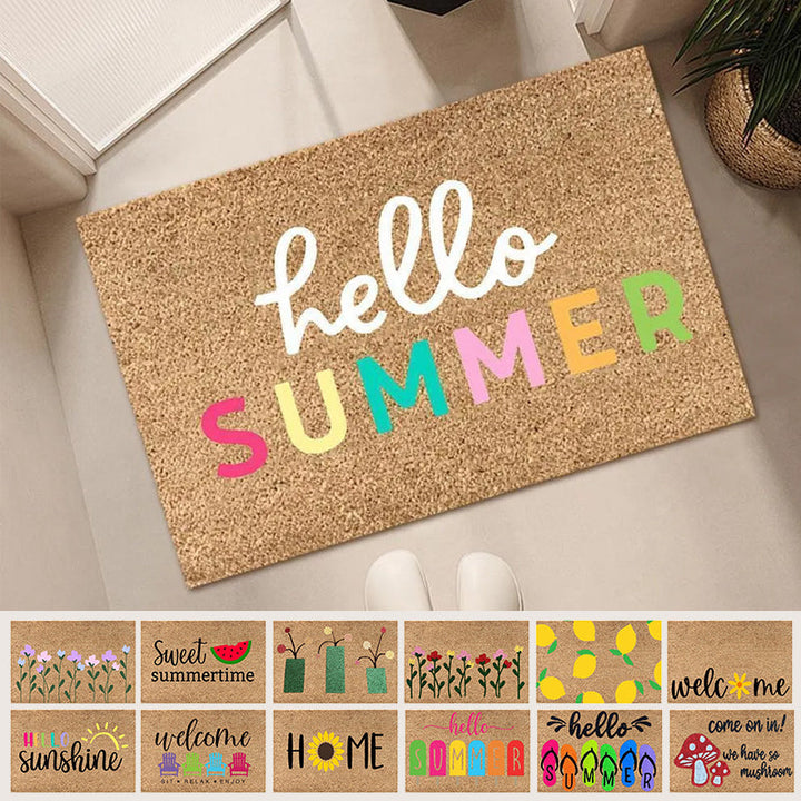 "Somrig dörrmatta med blommotiv, polyesterfiber, rektangulär 40x60 cm, för inomhus och utomhusbruk, färgglada mönster."