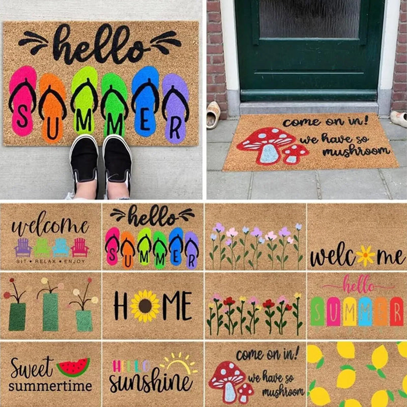 "Somrig dörrmatta med blommotiv, polyesterfiber, rektangulär 40x60 cm, för inomhus och utomhusbruk, färgglada mönster."