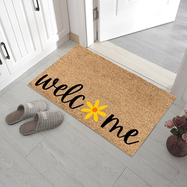 "Somrig dörrmatta med blommotiv, polyesterfiber, rektangulär 40x60 cm, för inomhus och utomhusbruk, färgglada mönster."