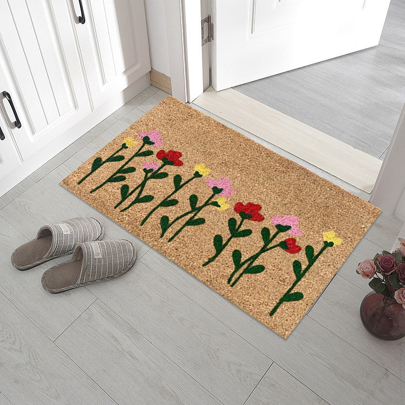 "Somrig dörrmatta med blommotiv, polyesterfiber, rektangulär 40x60 cm, för inomhus och utomhusbruk, färgglada mönster."