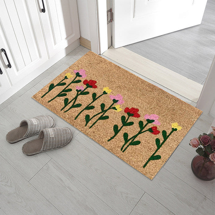"Somrig dörrmatta med blommotiv, polyesterfiber, rektangulär 40x60 cm, för inomhus och utomhusbruk, färgglada mönster."