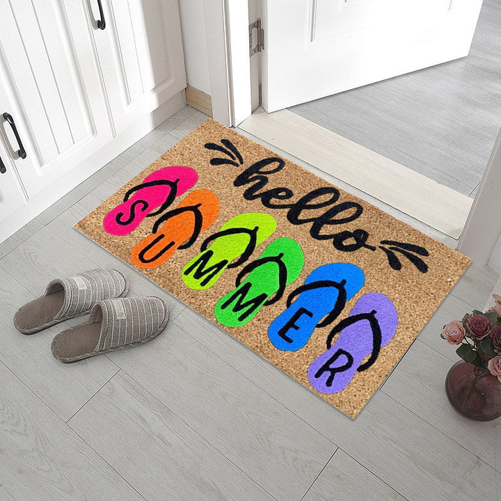 "Somrig dörrmatta med blommotiv, polyesterfiber, rektangulär 40x60 cm, för inomhus och utomhusbruk, färgglada mönster."