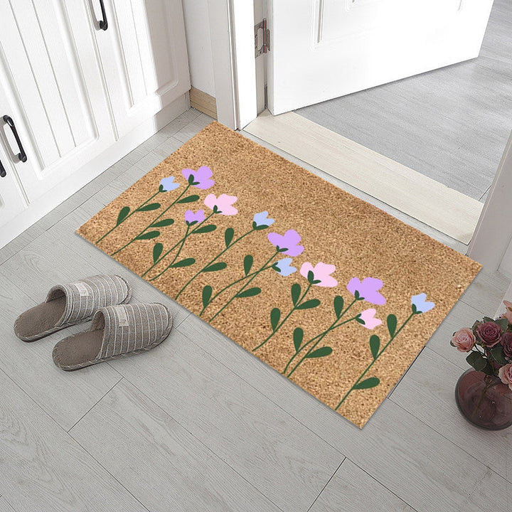 "Somrig dörrmatta med blommotiv, polyesterfiber, rektangulär 40x60 cm, för inomhus och utomhusbruk, färgglada mönster."