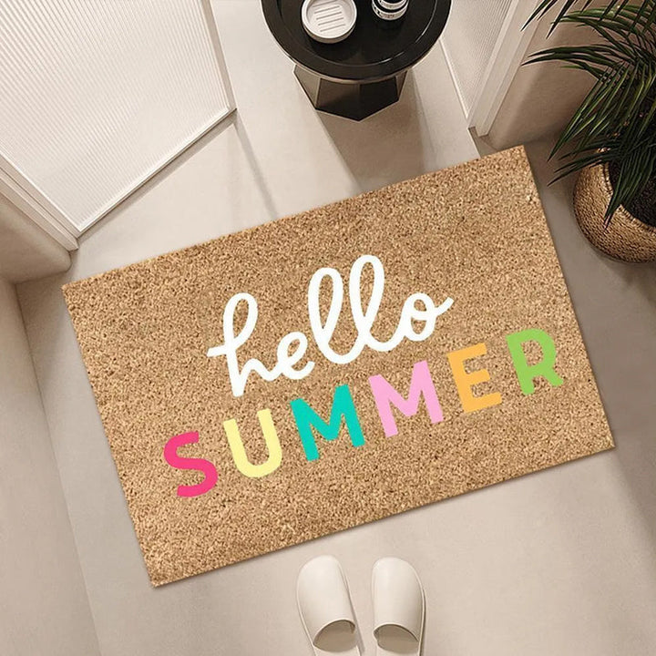"Somrig dörrmatta med blommotiv, polyesterfiber, rektangulär 40x60 cm, för inomhus och utomhusbruk, färgglada mönster."