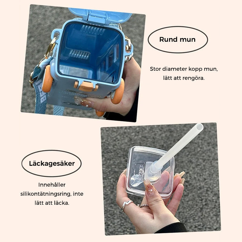 "Söt barnvattenflaska i bussform, färgglad och lekfull design, perfekt för hydrerande äventyr och utomhuslek."