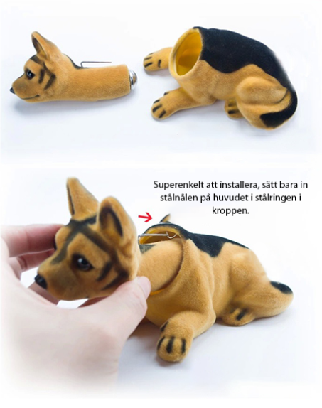 "Söt nickande Noddlehund bildekoration i miljövänligt harts, olika stilar inklusive Beagle och Husky, realistisk design."