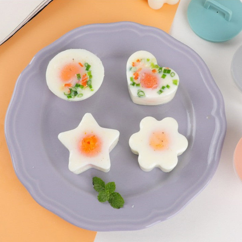 "Söt rosa äggform för pocherade ägg, inklusive cirkel, hjärta, blomma och stjärna. Praktiska och BPA-fria köksformar."