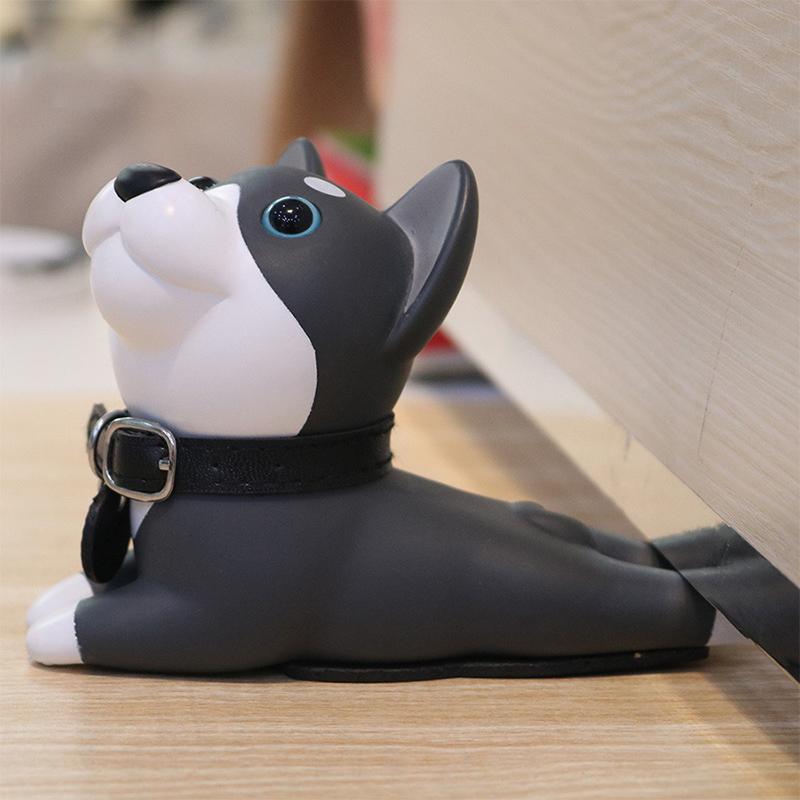 "Söt silikon dörrstopp i form av valp, säker för barn och husdjur, halkskyddad bas, färgglada mönster."