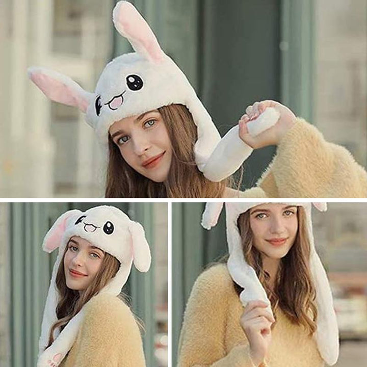 "Söt unisex plysch kaninhatt med hoppande öron, mjuk och inbjudande i olika färger för barn och vuxna."