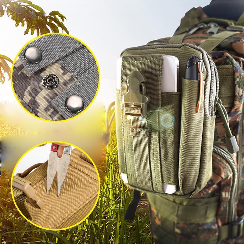"Sportig midjeväska i slitstark nylon, två blixtlåsfickor, Molle-system, svart för utomhusaktiviteter som vandring och campin