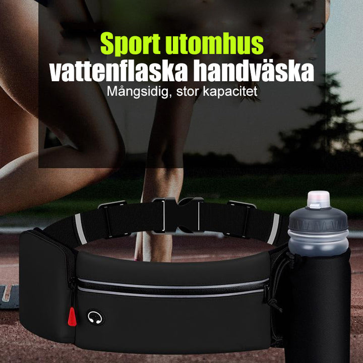 "Sportig orange midjeväska med justerbart bälte och vattenflaska, idealisk för löpning och friluftsaktiviteter."