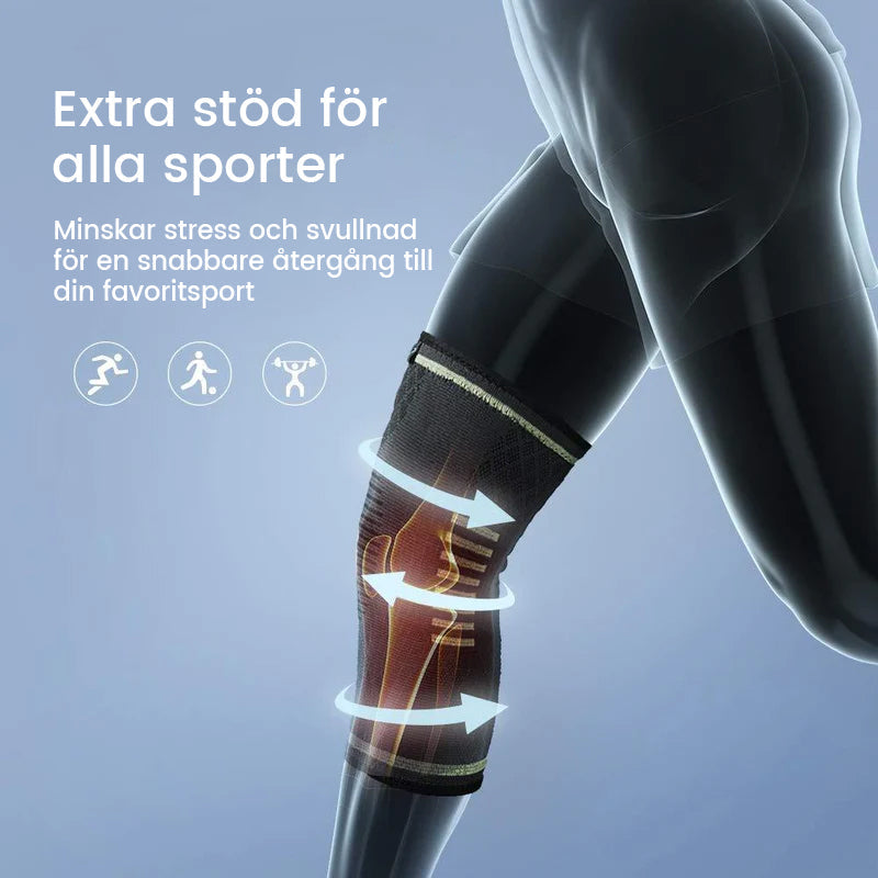 "Sportigt svart-grönt herrknäskydd med total kompression, idealiskt för stöd och smärtlindring under träning och aktivitet."