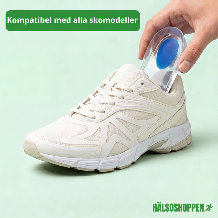 Mjuka silikoninlägg som stötdämpar hälen. Ger komfort och minskar hälsmärta, idealiska för fotvård och trötta fötter.
