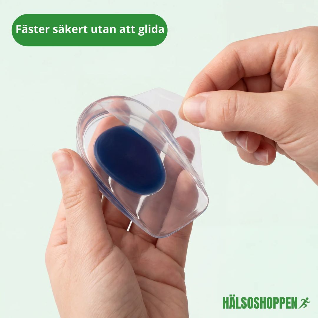 Effektiva gelhälinlägg mot hälsmärta. Ger stötdämpning och komfort i skor. Perfekt hälstöd för fötter. Silikoninlägg.