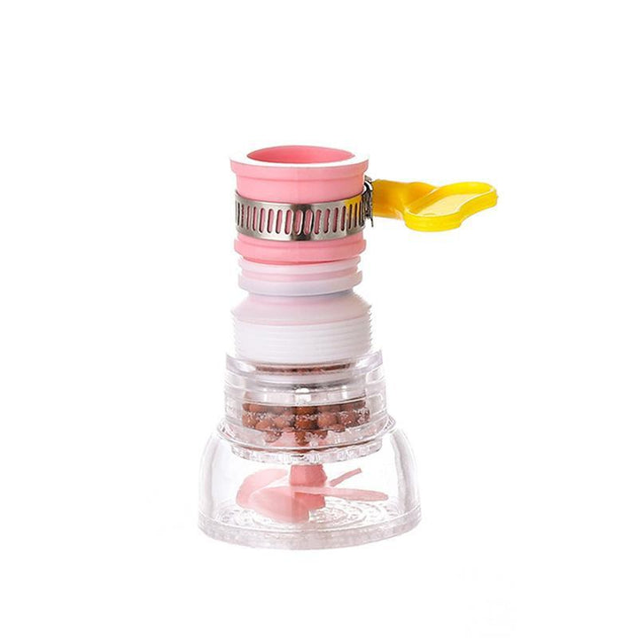 "Stänksäkert kranfilter i rosa, blå och grön med elegant design för kök och badrum, effektiv filtrering och 360° vridbarhet."