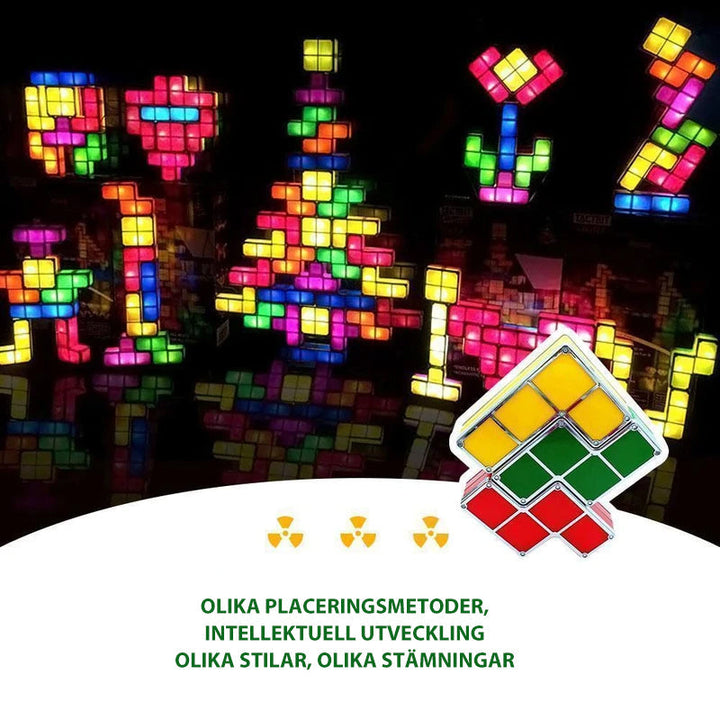 "Stapelbar LED nattlampa i 7 färger, Tetris-liknande design. Färgglada block för lekfull inredning på bord och hylla."