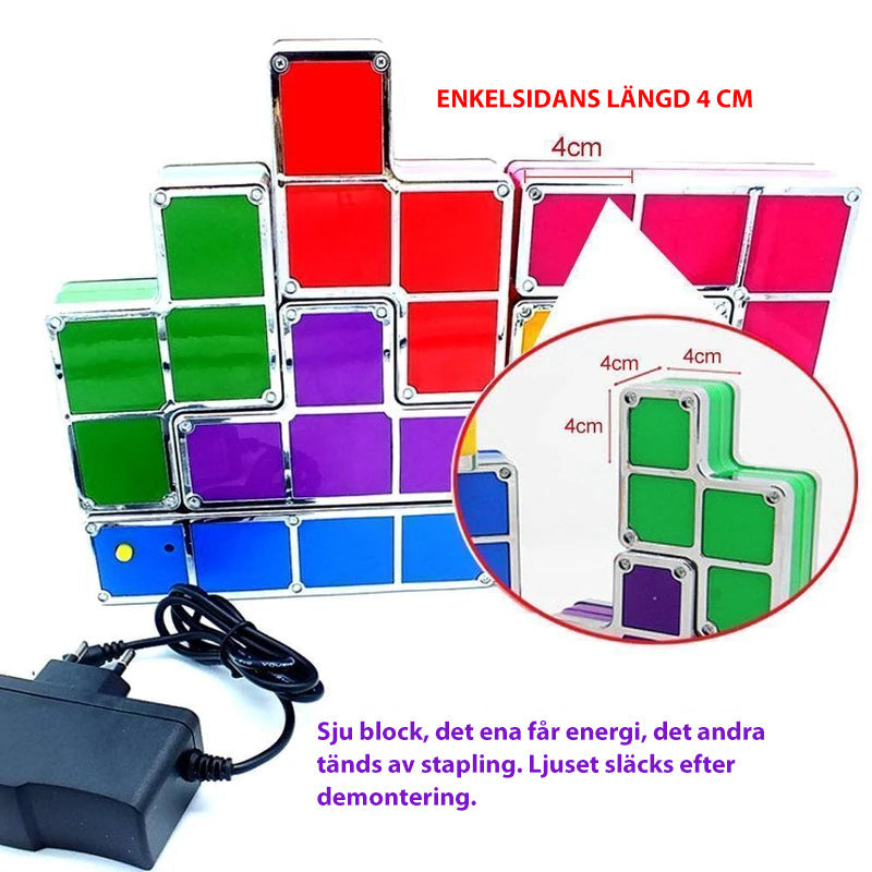 "Stapelbar LED nattlampa i 7 färger, Tetris-liknande design. Färgglada block för lekfull inredning på bord och hylla."