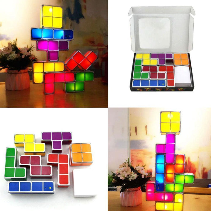 "Stapelbar LED nattlampa i 7 färger, Tetris-liknande design. Färgglada block för lekfull inredning på bord och hylla."