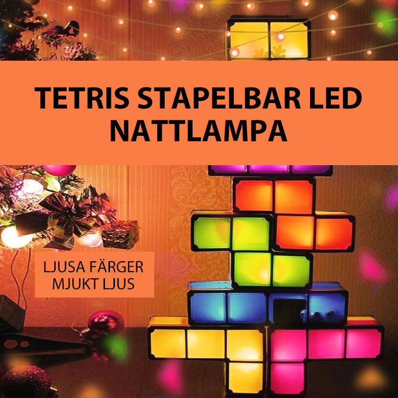 "Stapelbar LED nattlampa i 7 färger, Tetris-liknande design. Färgglada block för lekfull inredning på bord och hylla."