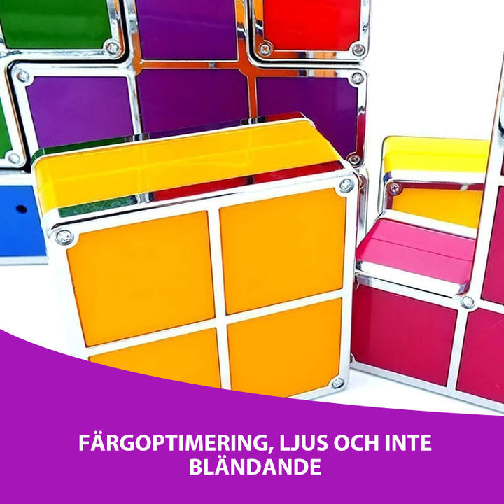 "Stapelbar LED nattlampa i 7 färger, Tetris-liknande design. Färgglada block för lekfull inredning på bord och hylla."