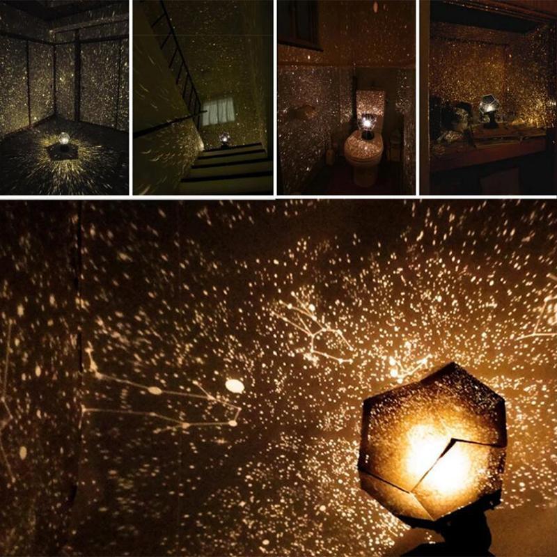 "Star projektorlampa nattljus med mångfärgseffekter, stjärnor projicerade på taket i blått och gult ljus."