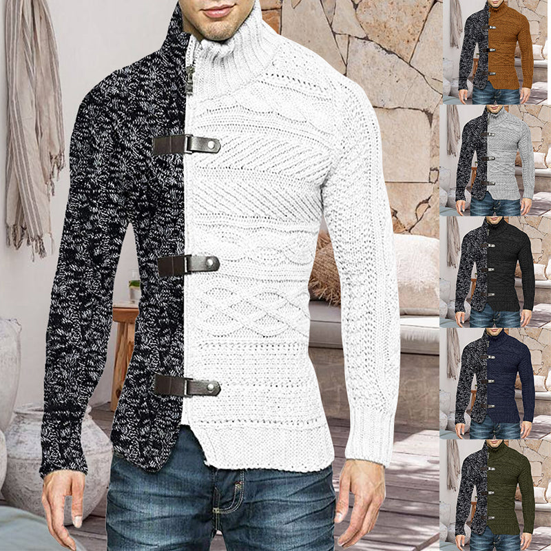 "Stickad herrcardigan med läderdetaljer och ståkrage i mjukt bomull, perfekt för stil och värme under höst och vinter."