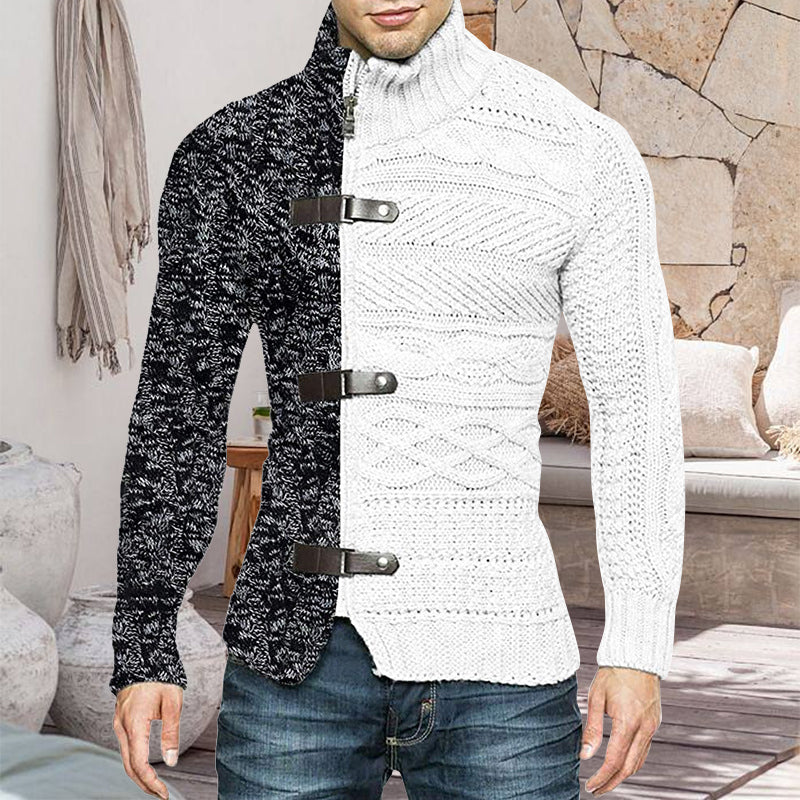 "Stickad herrcardigan med läderdetaljer och ståkrage i mjukt bomull, perfekt för stil och värme under höst och vinter."