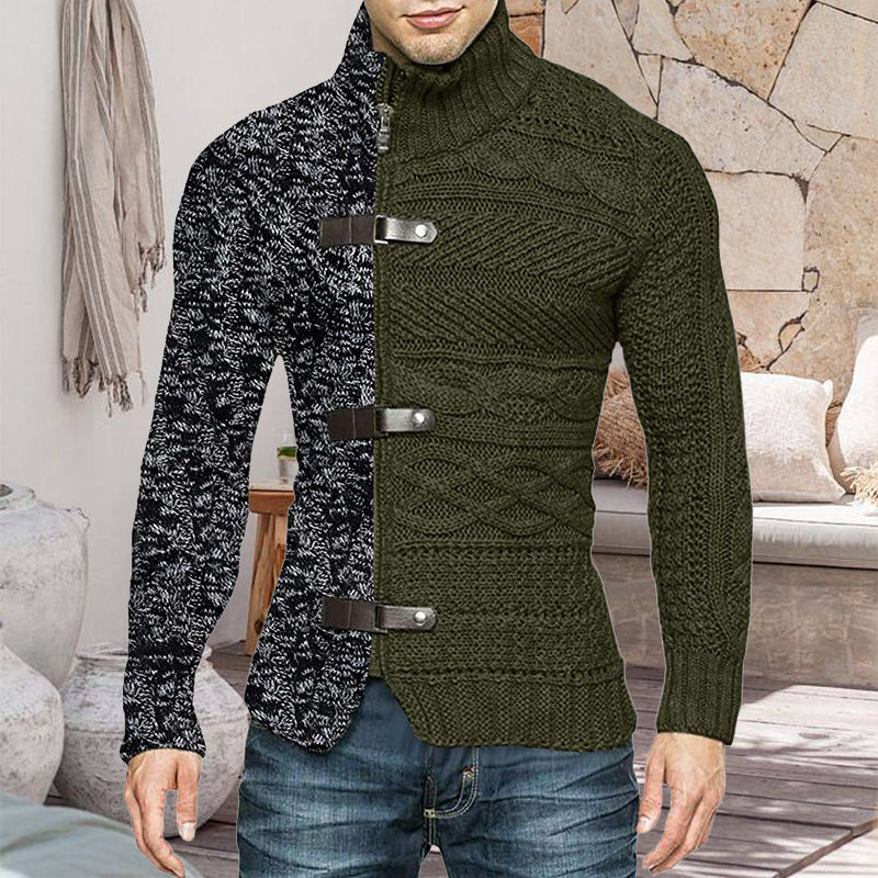 "Stickad herrcardigan med läderdetaljer och ståkrage i mjukt bomull, perfekt för stil och värme under höst och vinter."