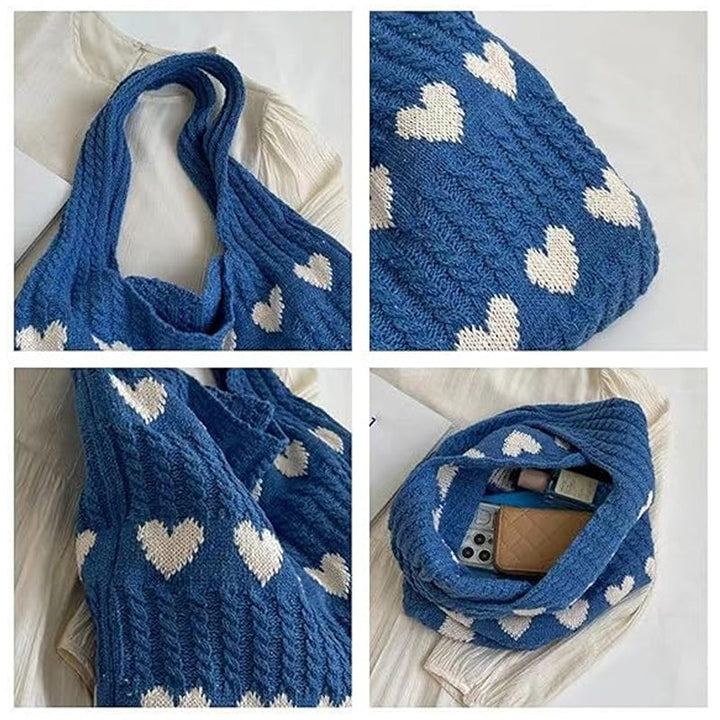 "Stickad kärlek tygkasse i vintage Hobo-stil för damer, beige färg, mjukt akrylfiber och polyester, trendig accessoar."