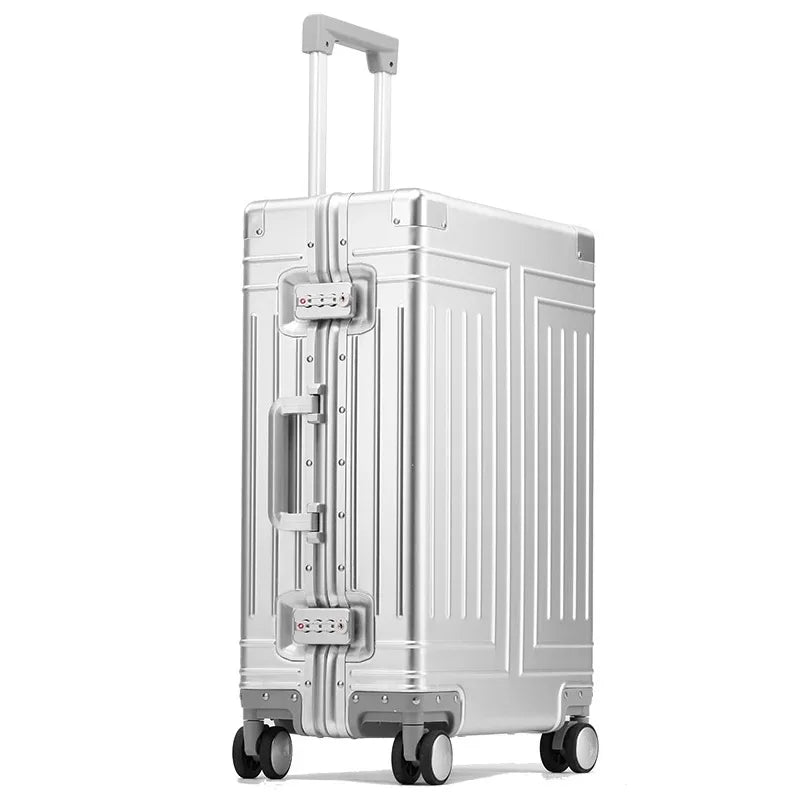 Res tryggt med denna stilfulla aluminium hårdskalsväska med TSA-lås och 360-hjul. Din premium reseutrustning.