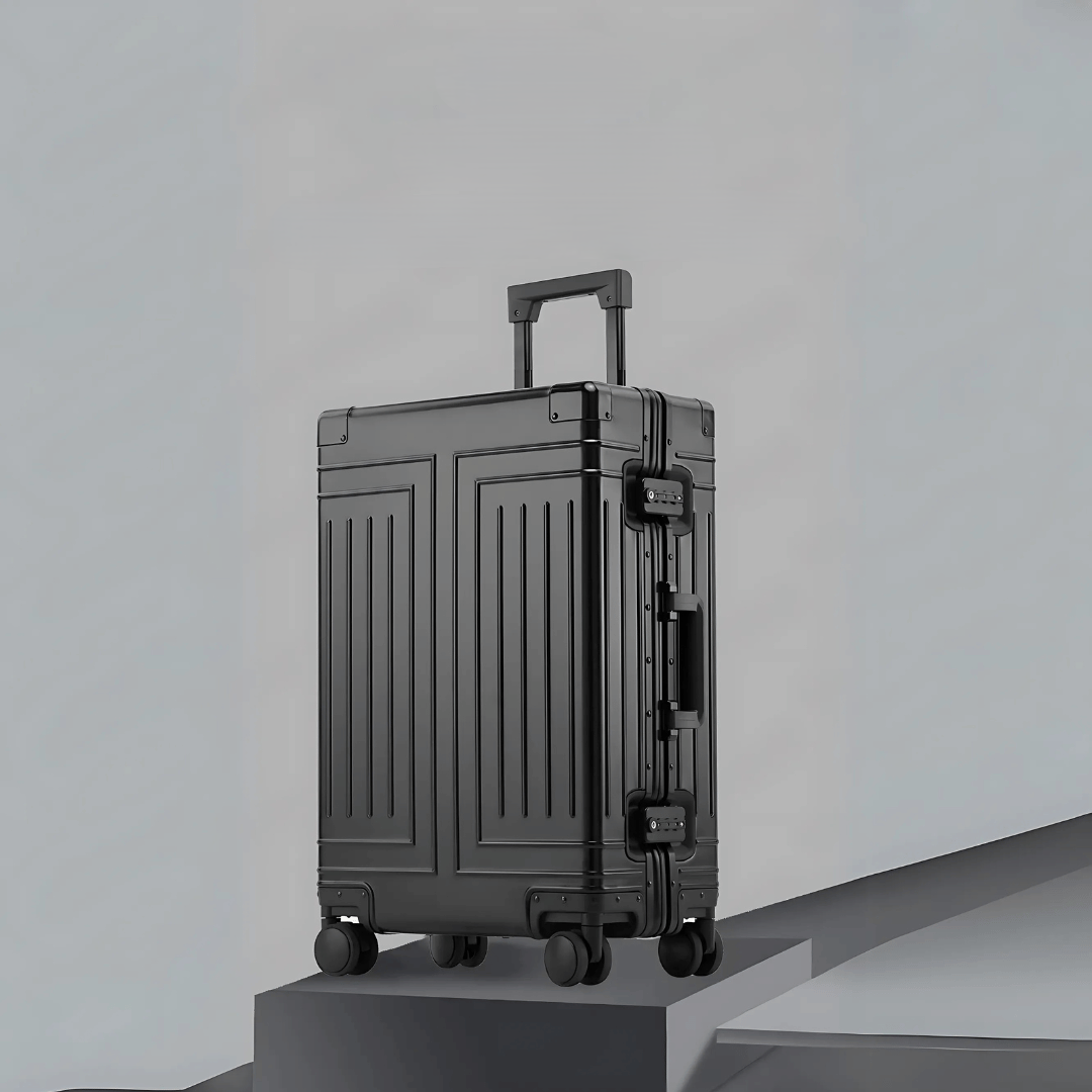 Premium aluminium resväska med förstärkta hörn, tysta hjul & säkra TSA-lås.