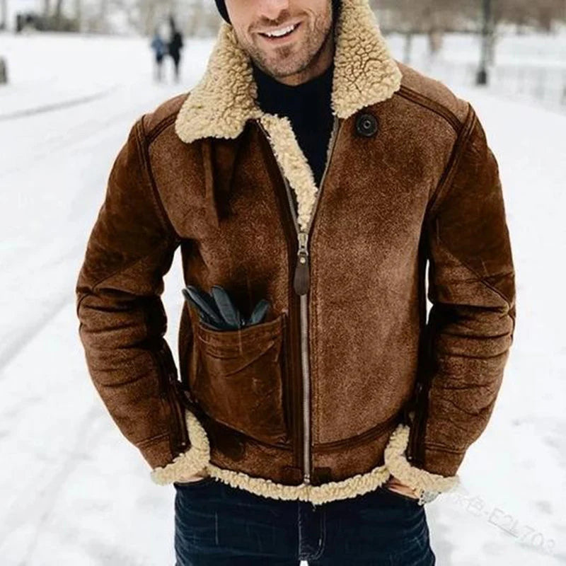 Beige höstjacka för män, stilren casualjacka med krage och dragkedja. Varmt ytterplagg i lammfell-stil.